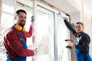 Two men work on window installation and replacement