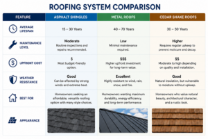 Chart comparing shingle, metal, and cedar shake roofing.